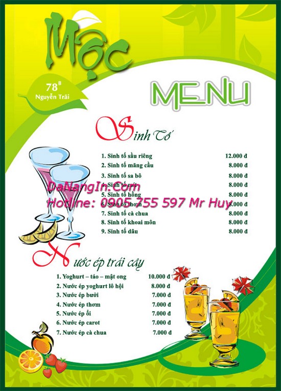 In menu nhà hàng quán nhậu bar cafe tại đà nẵng LH 0905 755 597 A Huy